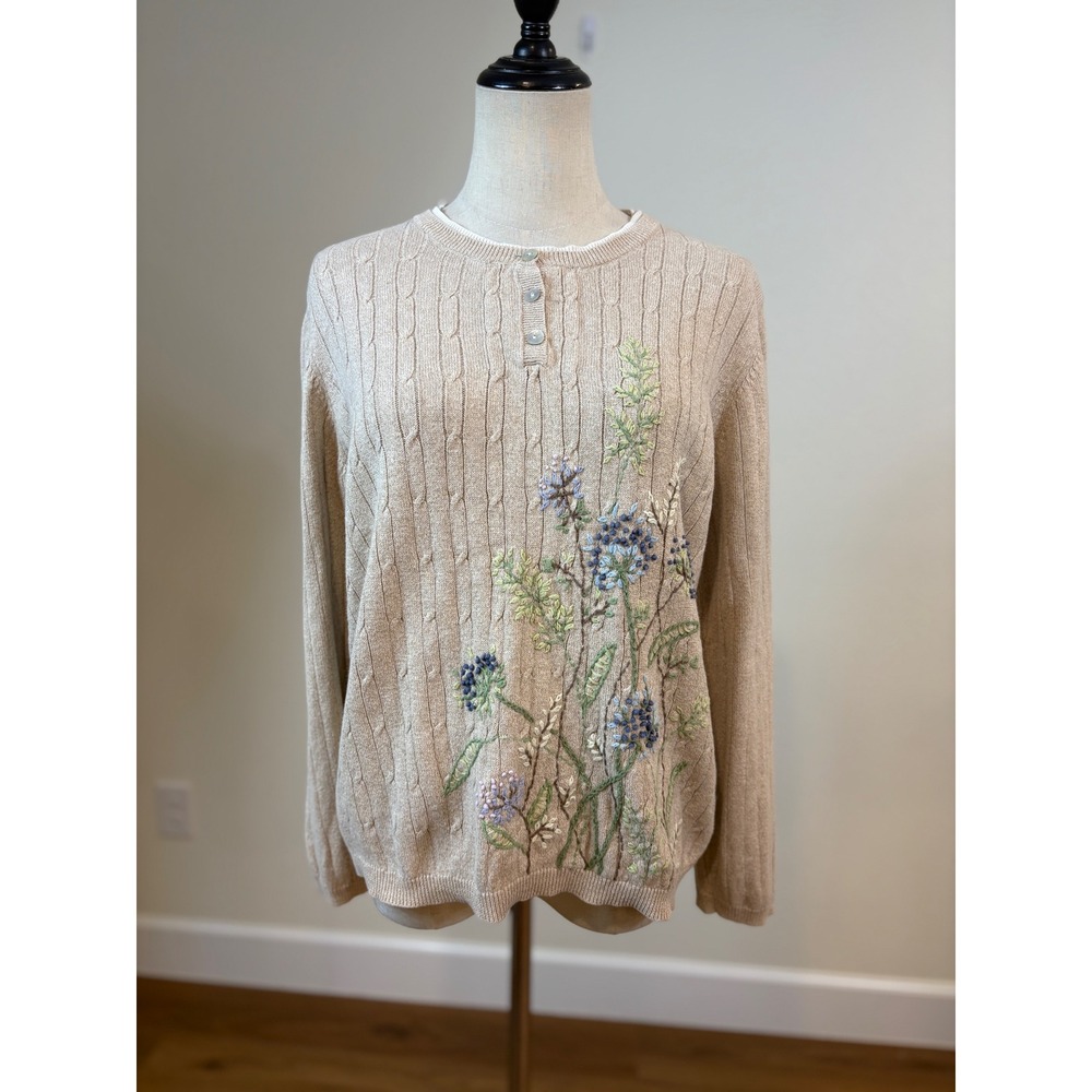 Vtg Alfred‎ Dunner Sweater Women S Embroidered Floral Cable Knit Henley Grandma
